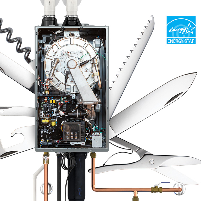 Adapt tankless water heater cutaway with visible internals